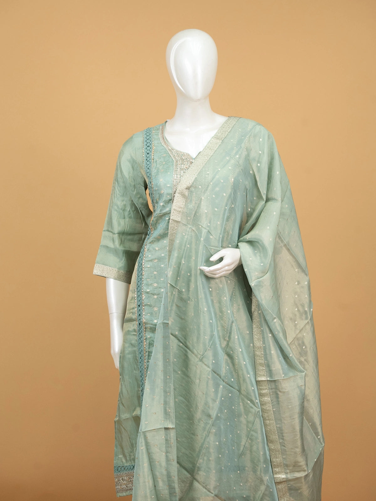 Sea Green Chanderi silk zari embroidered straight cut kurti set with pants and gold-dotted dupatta