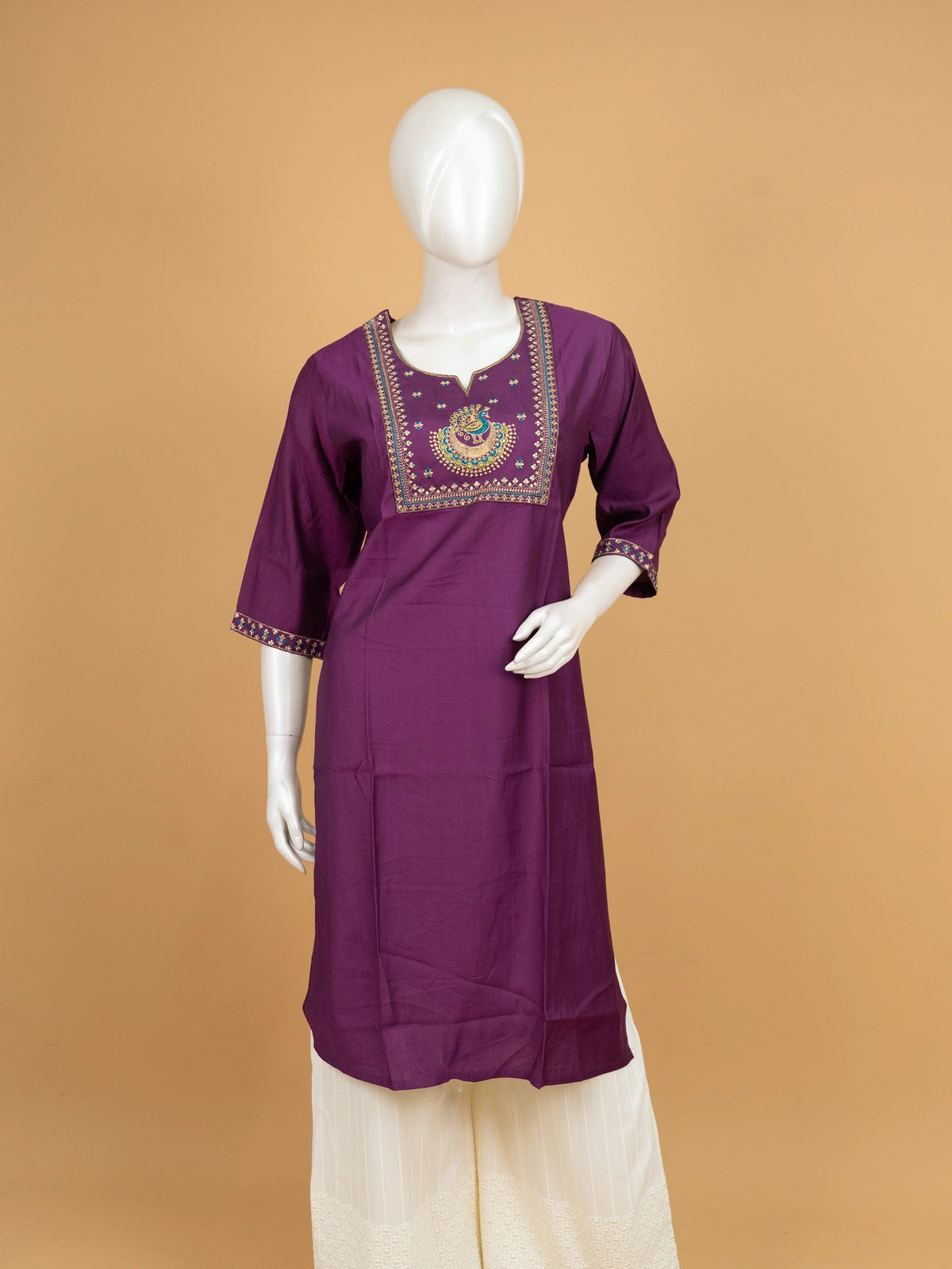 Purple peacock embroidered Anarkali kurti top with gold and teal zari yoke work
