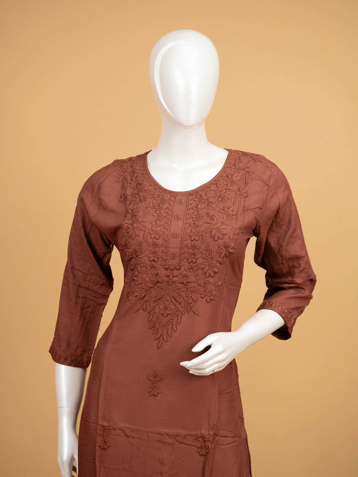 Rust Brown Cotton Embroidered Straight Cut Kurti Set with Palazzo and Dupatta