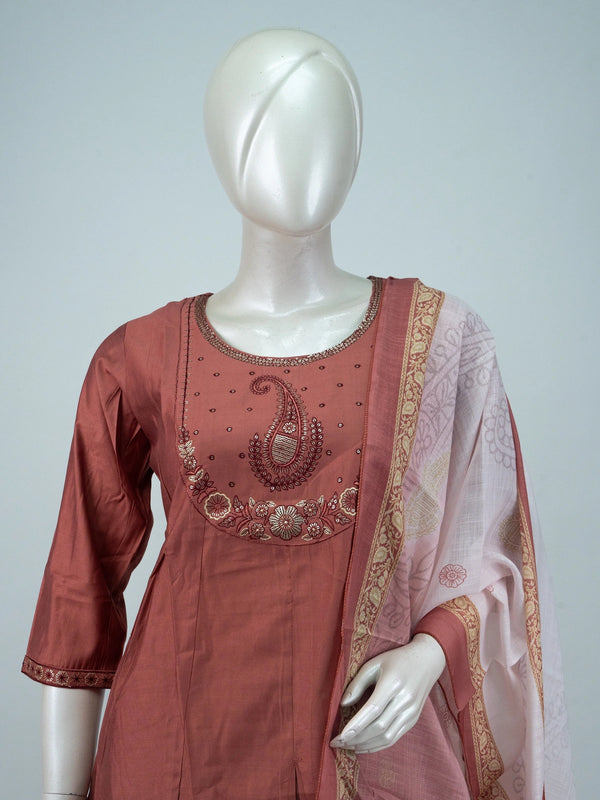 Rust cotton Anarkali kurti set with paisley embroidered yoke, straight pants, and printed cream dupatta