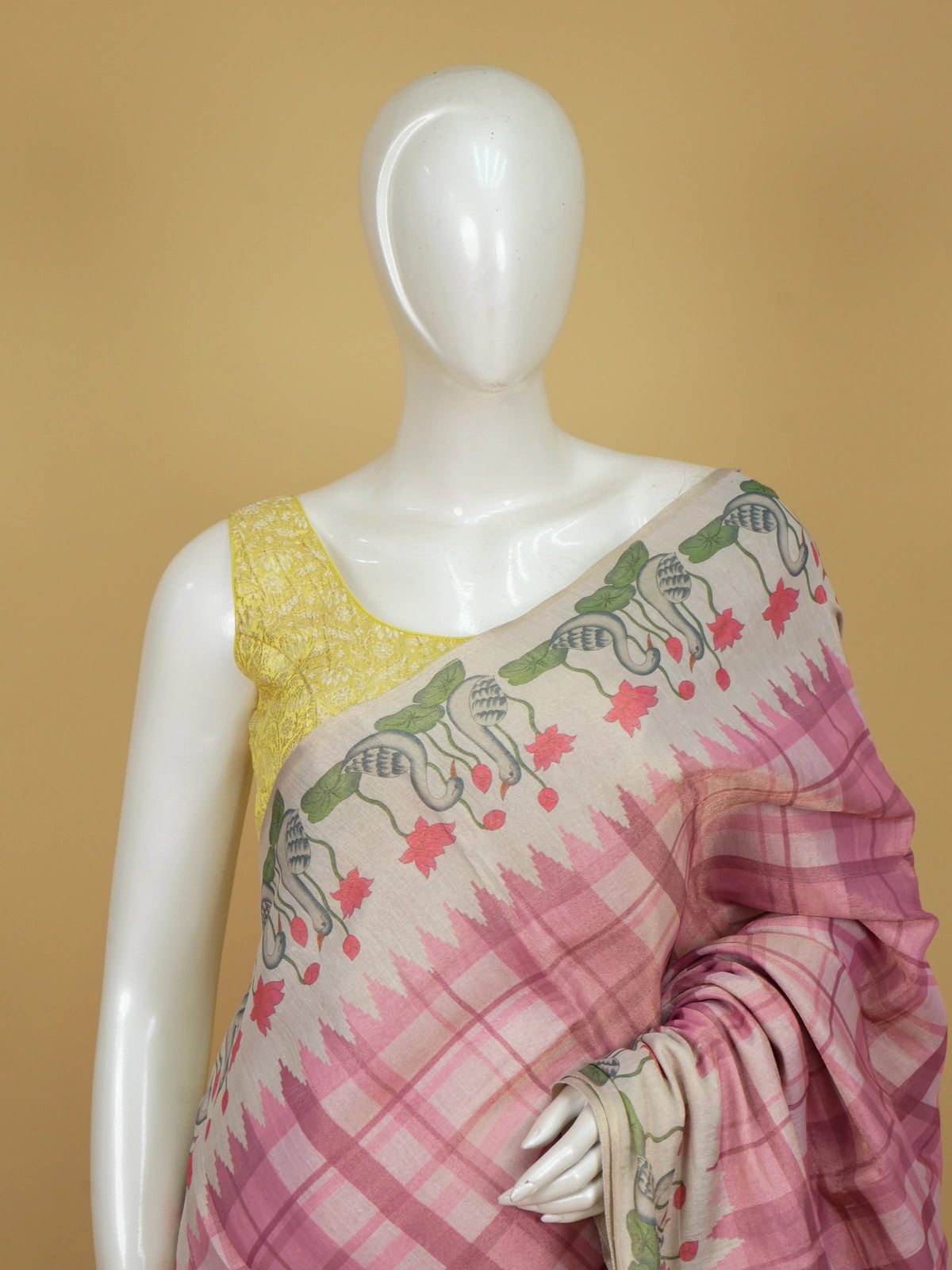 Pink and cream linen cotton saree with checked body and swan and lotus Pichwai printed pallu