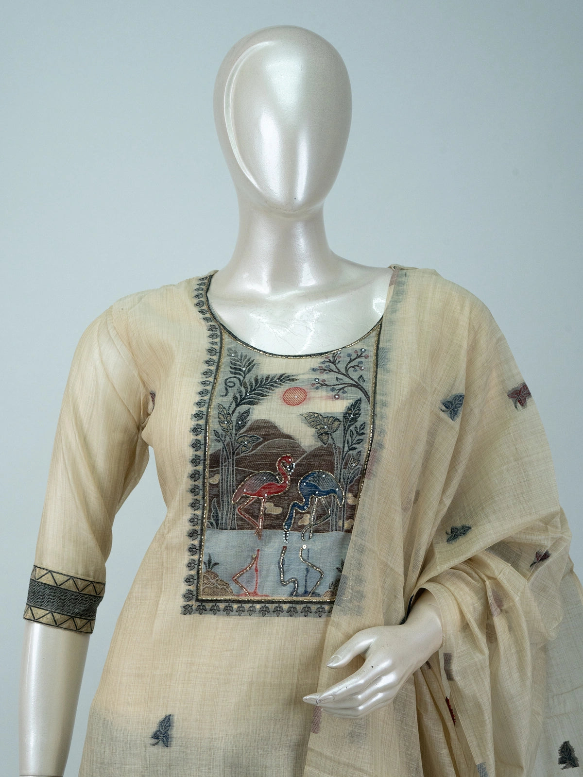 Beige Kota cotton straight cut kurti set with folk-art embroidered yoke and matching dupatta