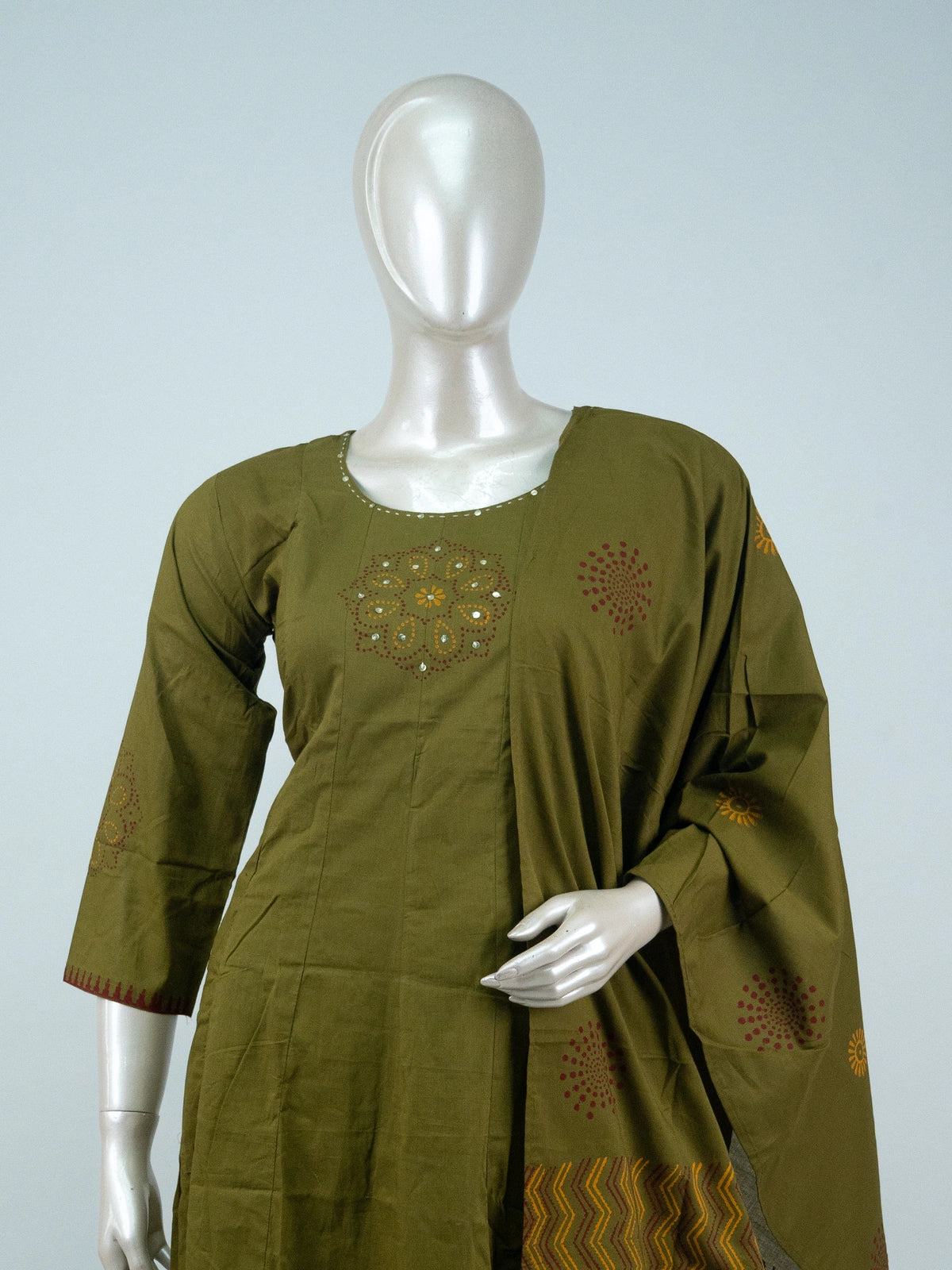 Mehendi Green Cotton Mirror Work Anarkali Kurti Set with printed dupatta and straight pants