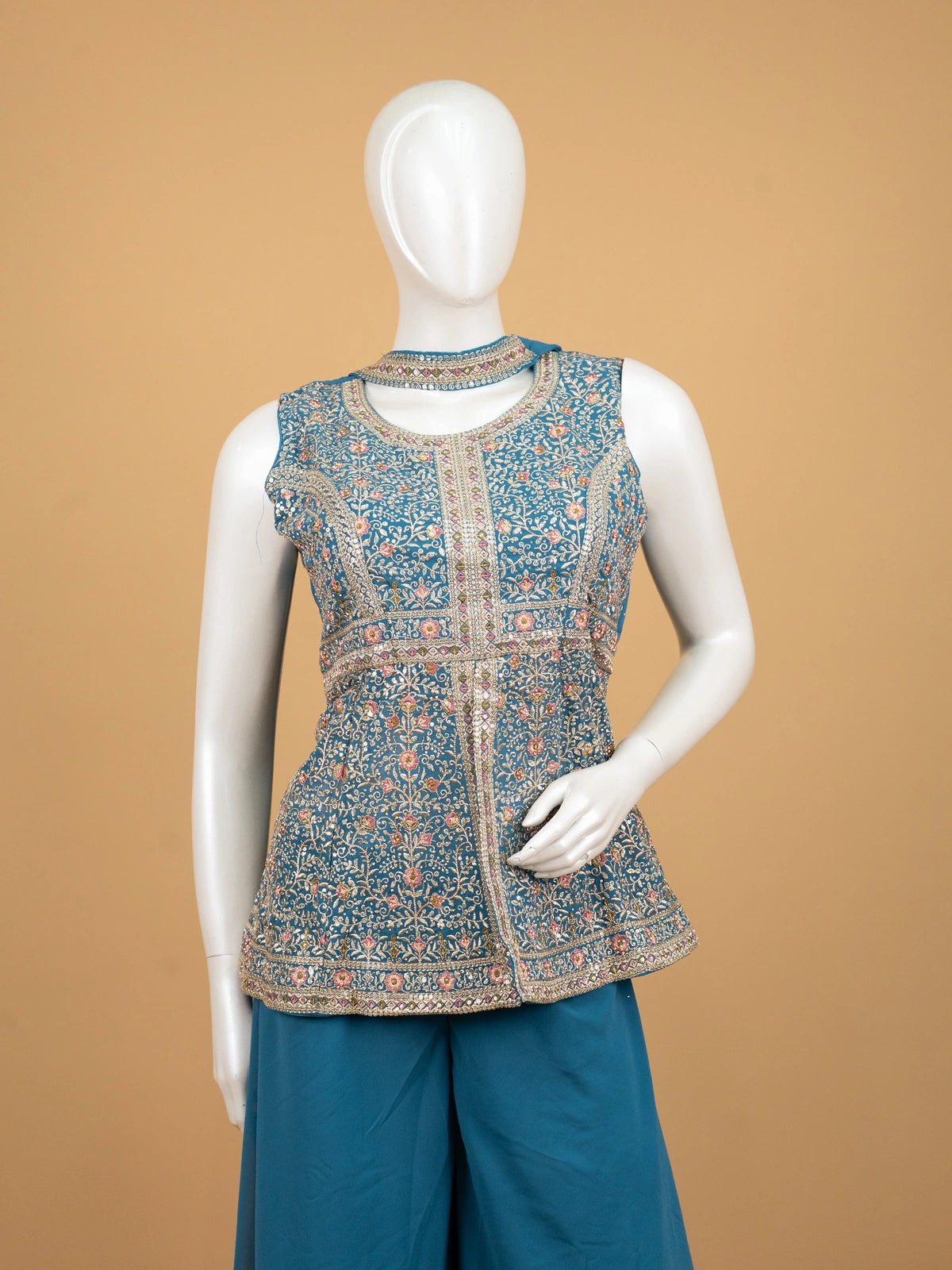 Teal Blue Georgette floral embroidered sleeveless straight cut kurti set with palazzo and dupatta