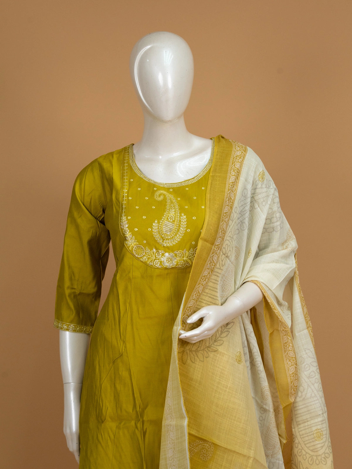 Mehndi green embroidered cotton silk A-line kurti set with cream printed dupatta and straight pants
