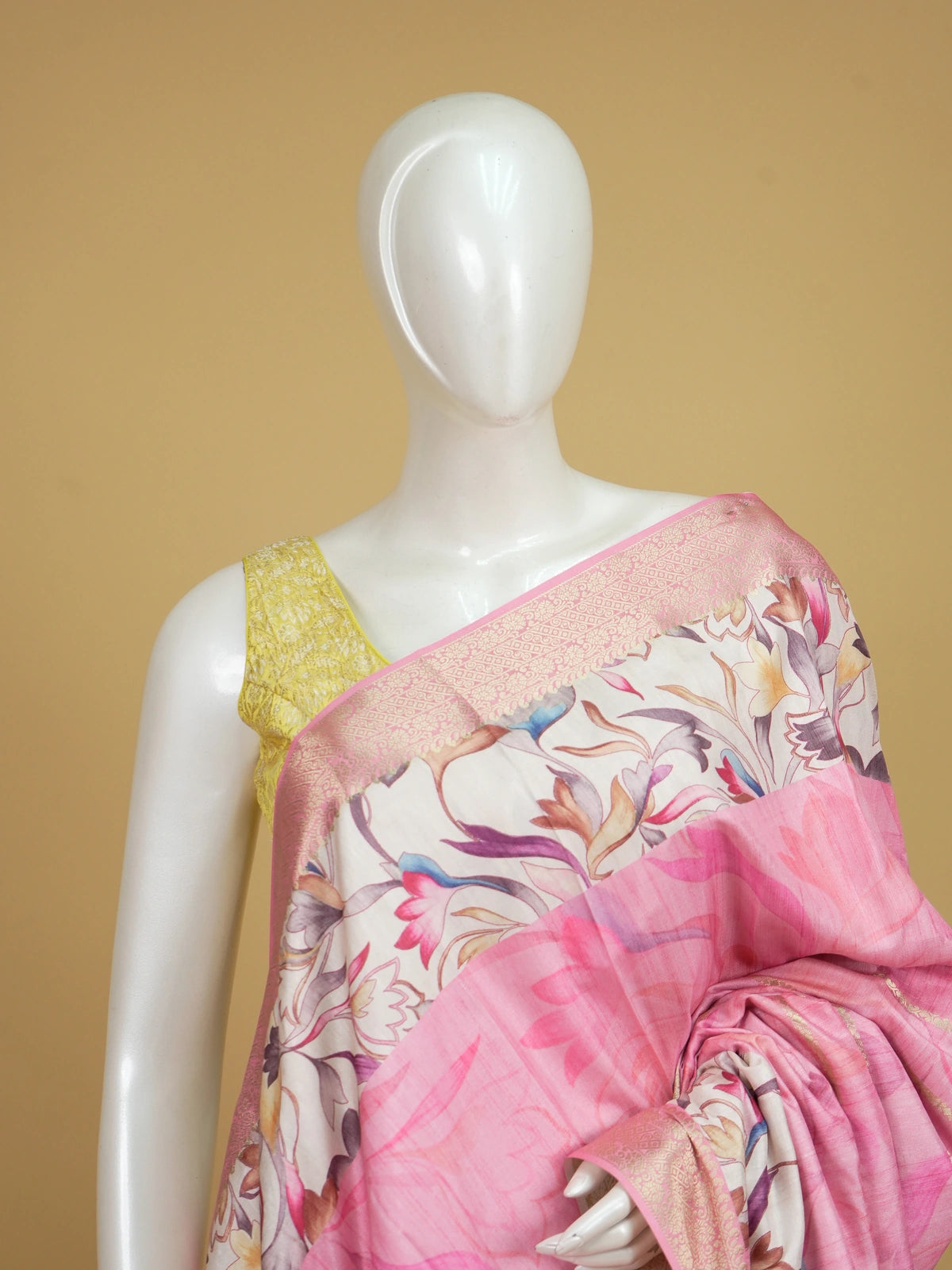 Pink and cream Dola silk saree with multicolour floral print and gold zari border