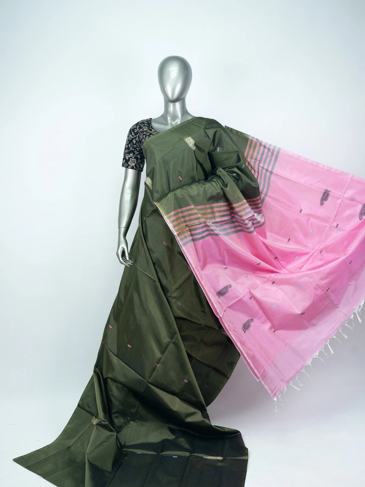 Olive Green and Pink Banana Silk Sarees