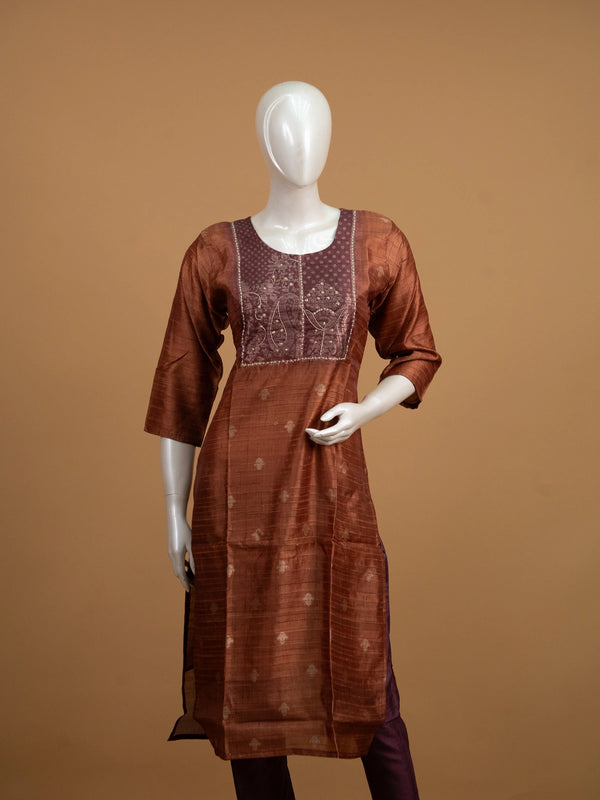 Rust brown silk blend embroidered straight cut kurti set with tie-dye dupatta