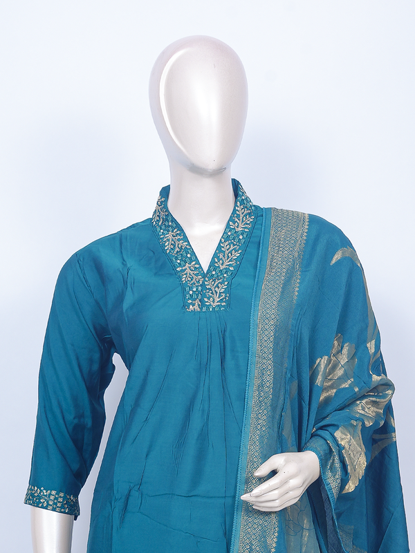 Teal blue art silk kurti set with embroidered neckline and gold zari floral dupatta