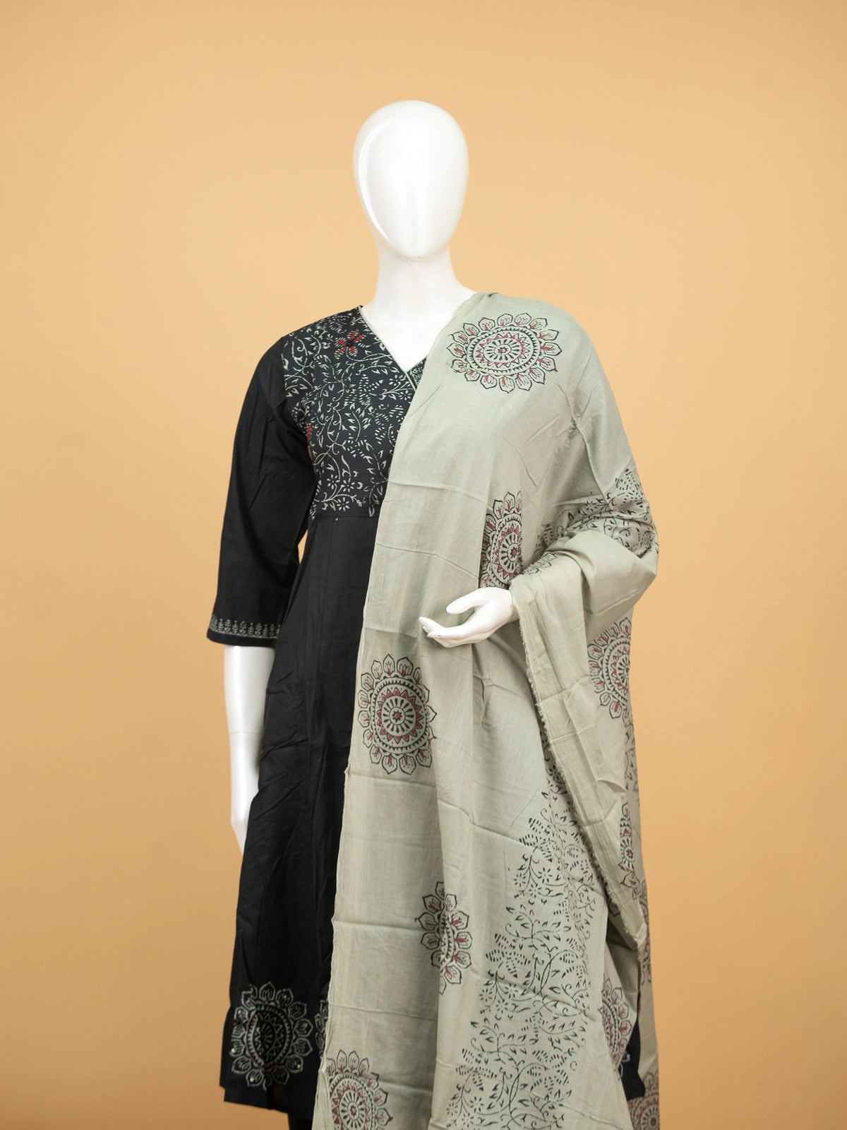 Black cotton block print mandala Anarkali kurti set with sage green dupatta