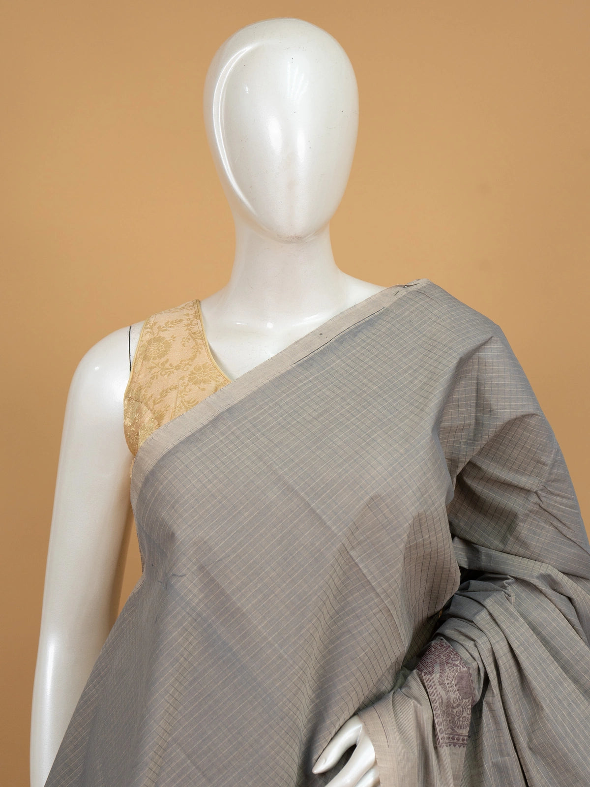 Grey silk cotton saree with fine checks and contrast mauve woven paisley border and pallu