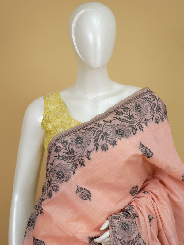 Peach linen cotton saree with grey floral border, paisley buta body and figurative peacock-deer pallu