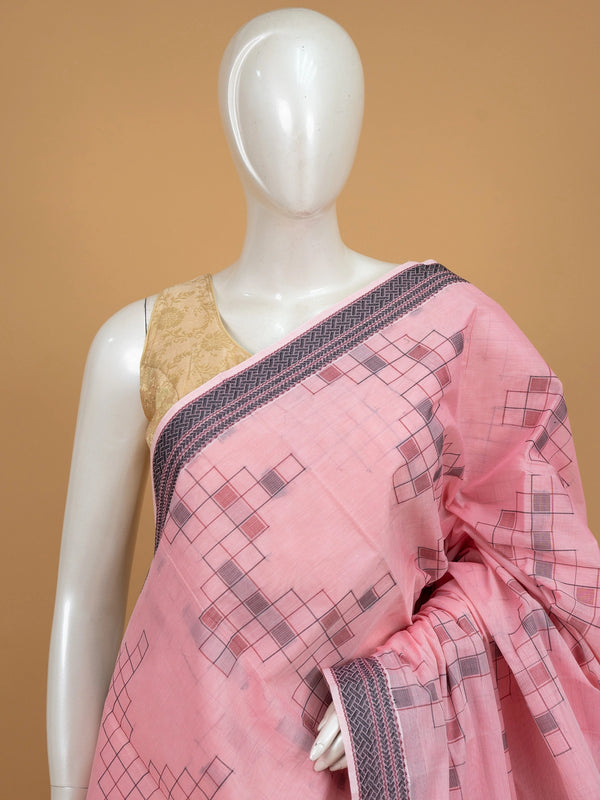Pink silk cotton saree with grey geometric motifs and contrast border