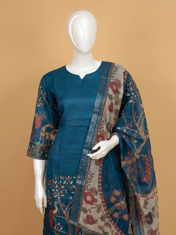 Teal Blue Kalamkari printed cotton straight cut kurti set with pants and dupatta