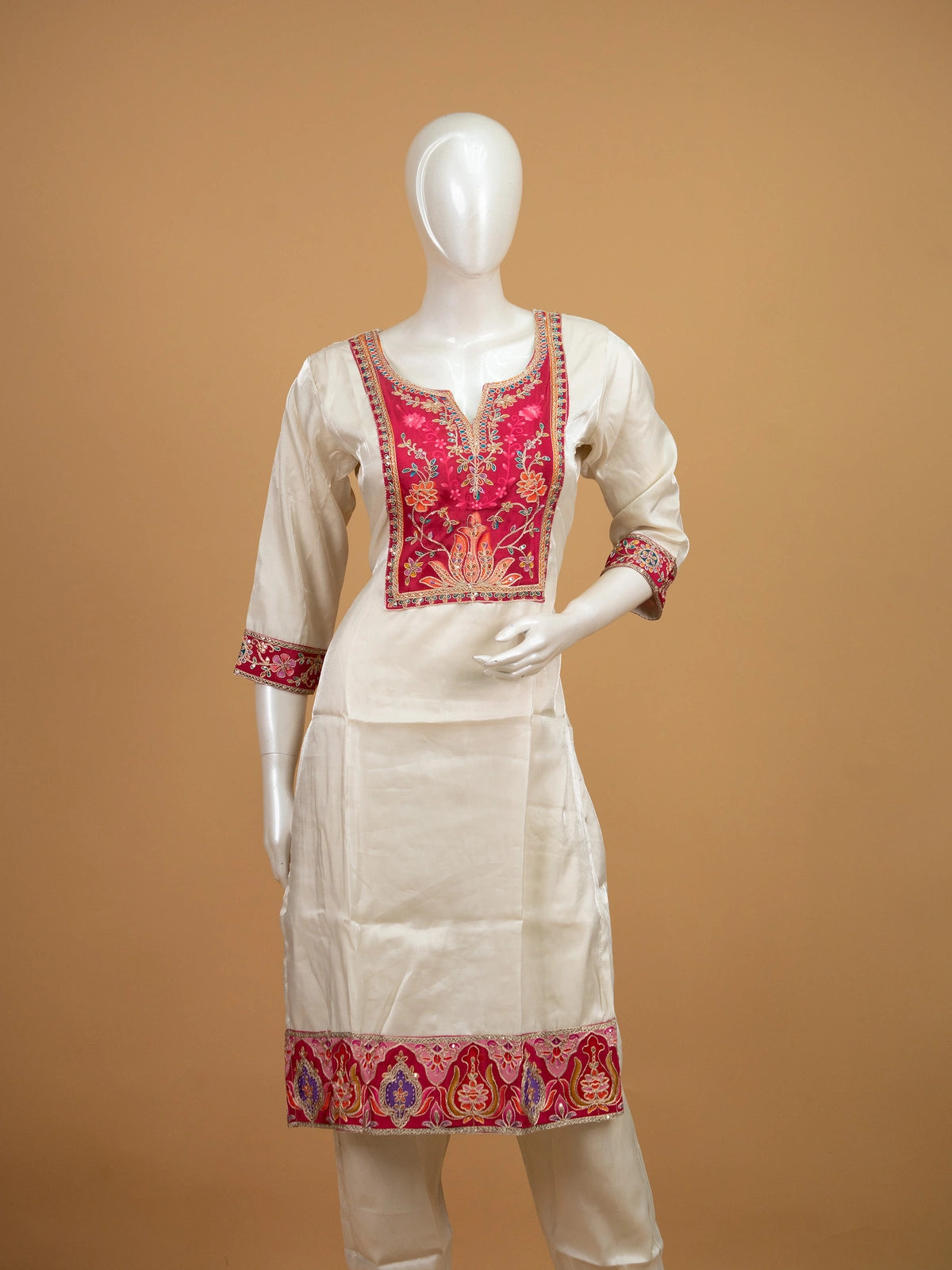 Cream art silk straight cut kurti set with pink embroidered yoke and maroon floral printed dupatta