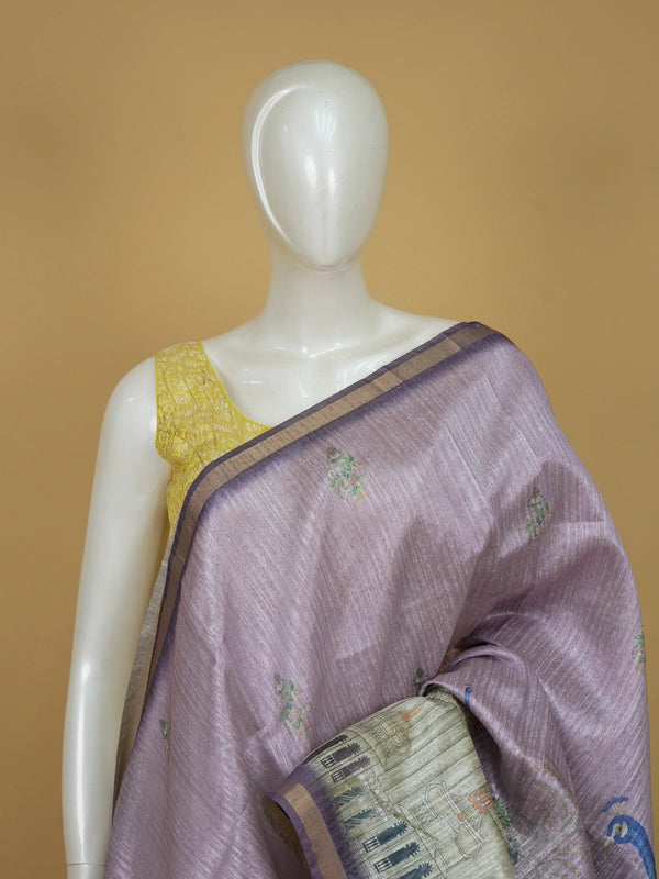 Lavender semi tussar saree with purple gold zari border and peacock and palace printed pallu