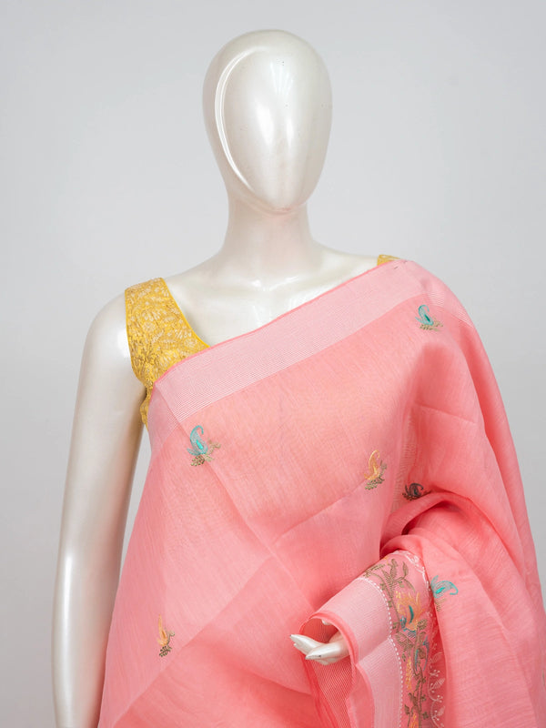 Pink linen cotton saree with embroidered paisley buttas, floral pallu and silver zari border