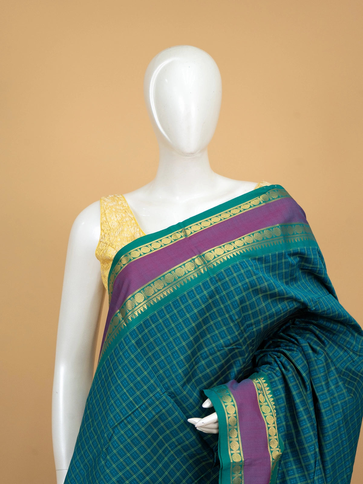 Teal Chettinad cotton saree with checked body and contrast magenta-green gold zari border