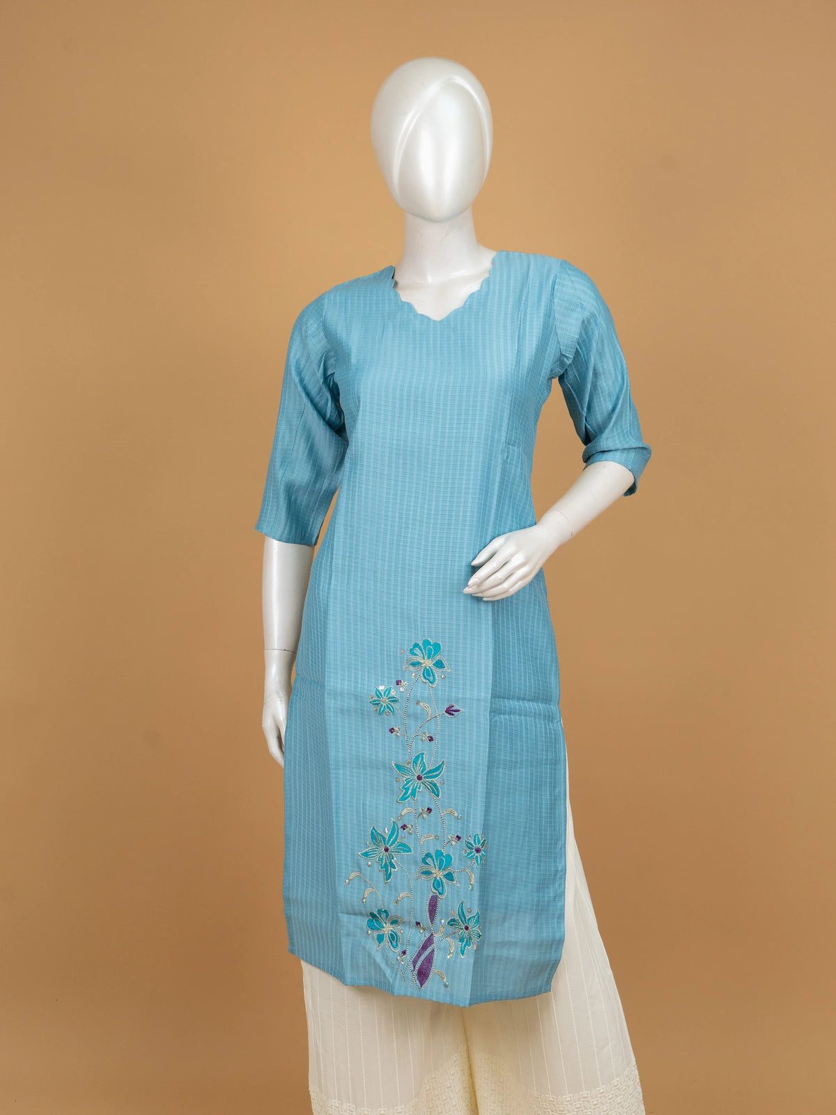 Sky Blue floral embroidered cotton Anarkali kurti top with teal and purple thread work