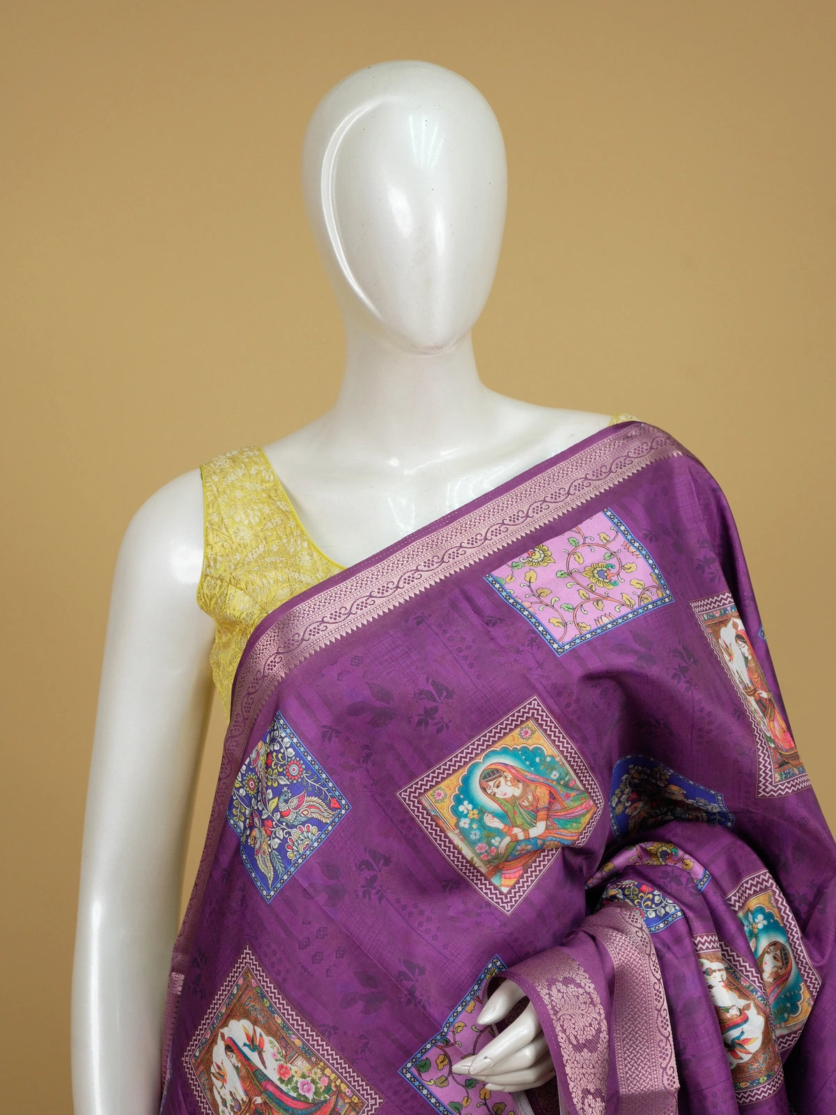 Purple Dola silk saree with Mughal miniature print panels and contrast pink gold zari border
