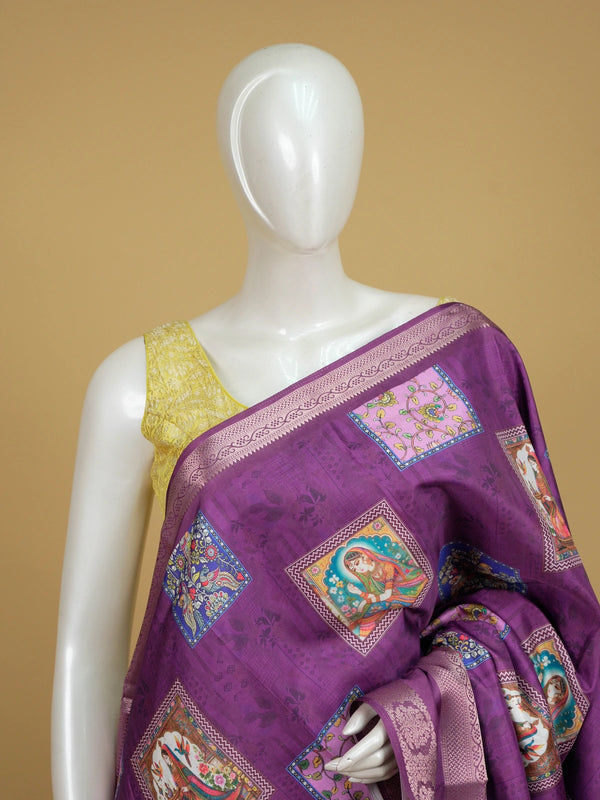 Purple Dola silk saree with Mughal miniature print panels and contrast pink gold zari border