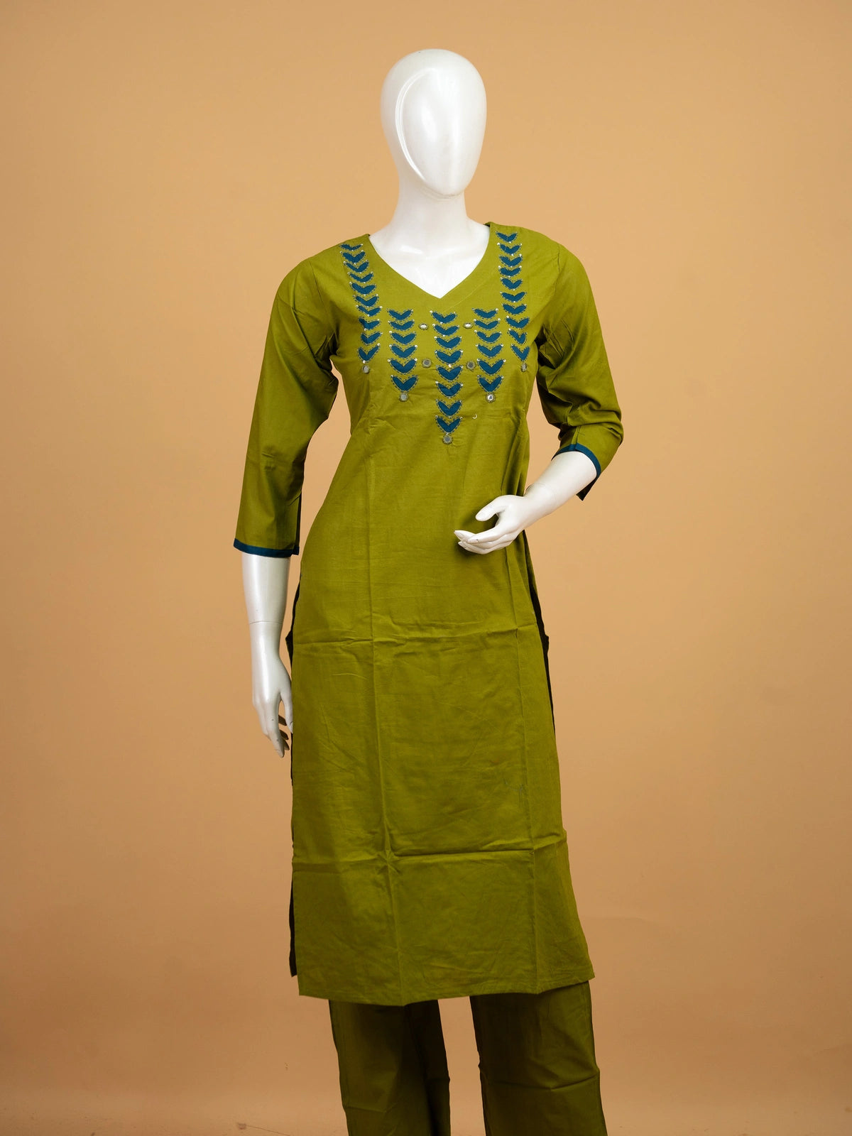 Olive green cotton straight cut kurti set with teal applique mirror work and matching teal floral dupatta