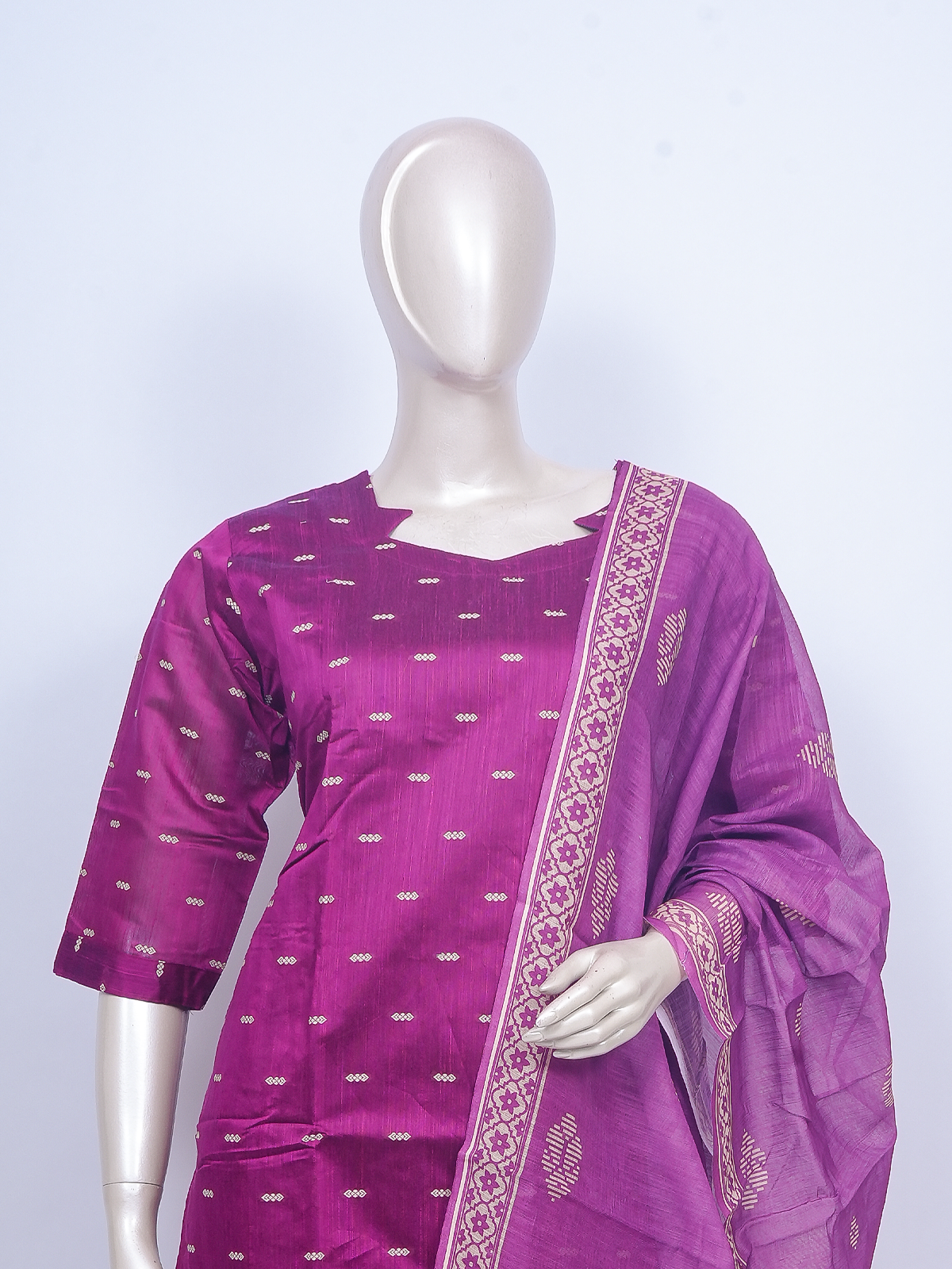 Magenta woven buti art silk ready made kurti set with matching dupatta and beige straight pants