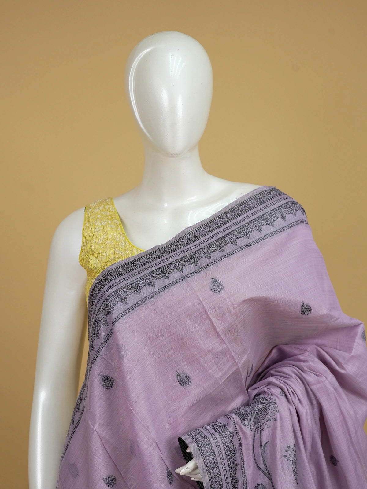 Lavender linen cotton saree with grey contrast border, floral pallu and yellow blouse
