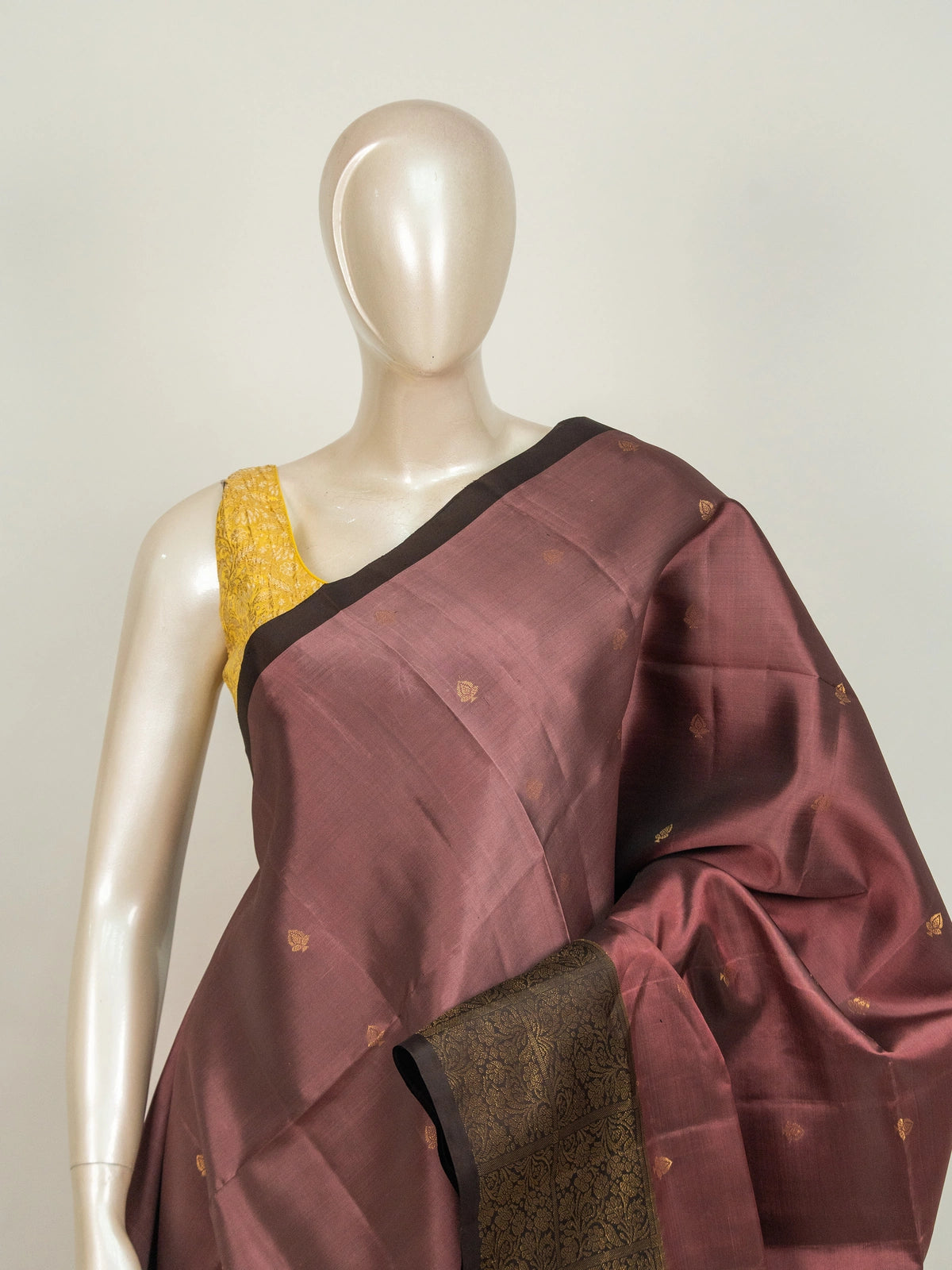 Mauve Kanchipuram Pure Mix saree with dark brown contrast gold zari border and striped pallu
