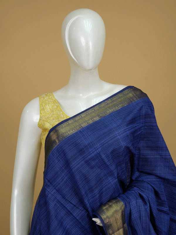 Royal blue designer saree with checked weave and broad gold zari border