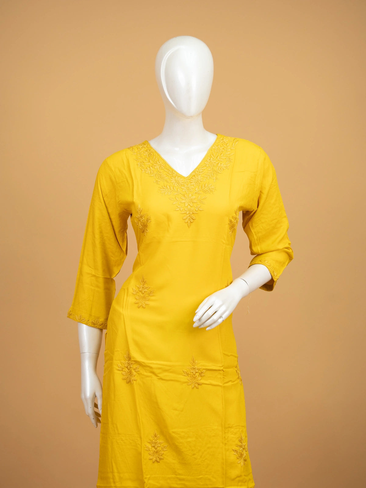 Yellow cotton chikankari embroidered straight cut kurti set with matching pants