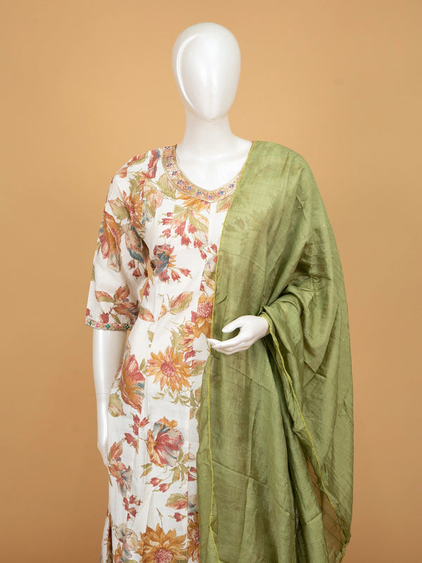 Cream floral printed cotton A-Line kurti set with embroidered neckline and green dupatta