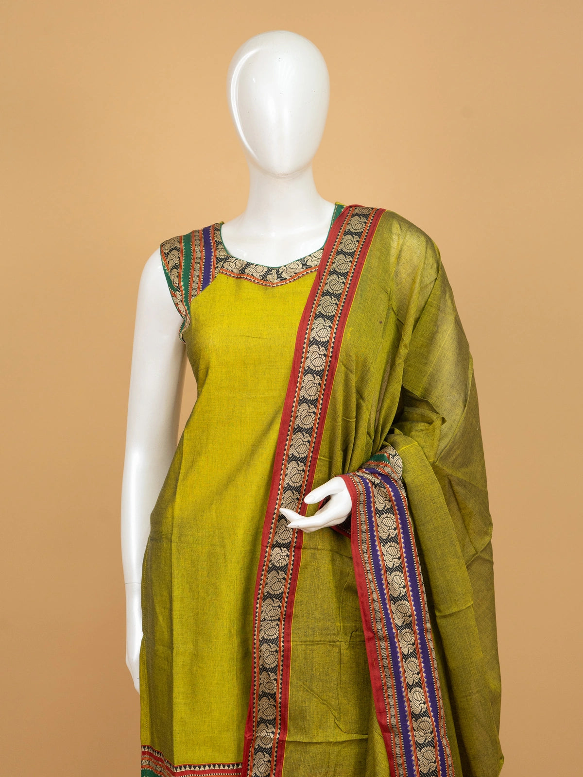 Mehndi green cotton straight cut kurti set with woven peacock border and matching dupatta