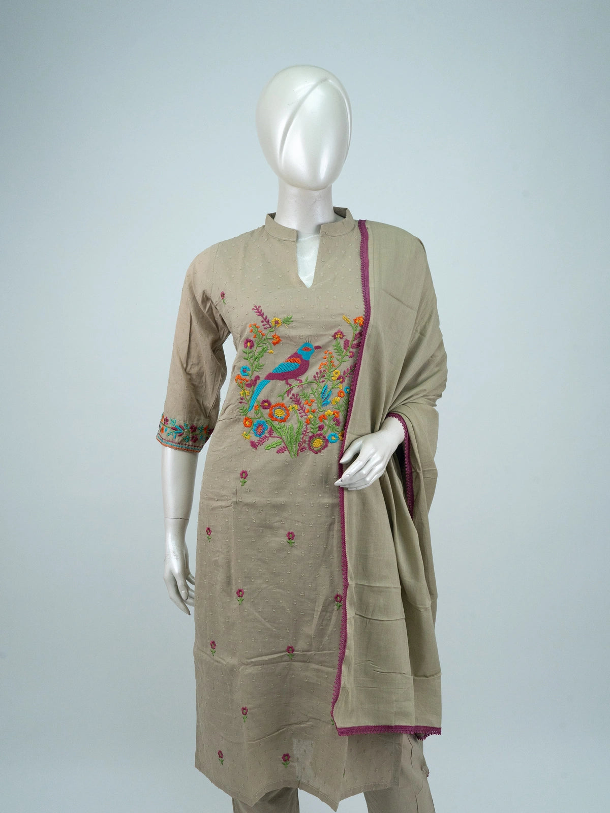 Beige bird embroidered cotton straight cut kurti set with pants and magenta bordered dupatta