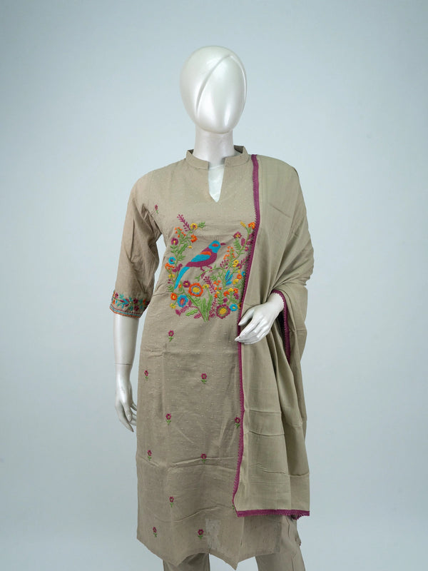 Beige bird embroidered cotton straight cut kurti set with pants and magenta bordered dupatta