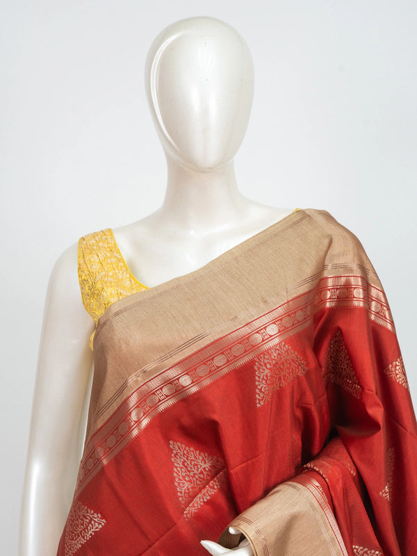 Red Kanchipuram Fancy Silk saree with contrast beige gold zari border and temple triangle motifs