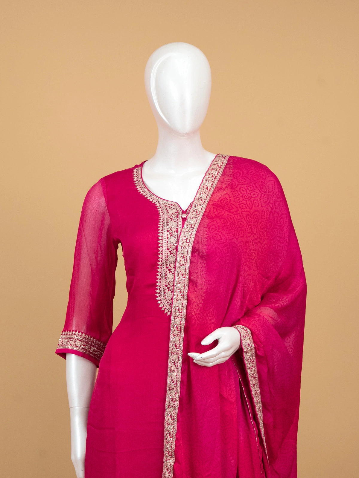 Rani Pink zari embroidered chiffon straight cut kurti set with bandhani dupatta