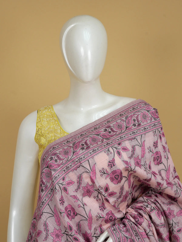 Mauve pink floral printed linen cotton saree with pink and black all-over floral jaal and matching printed border