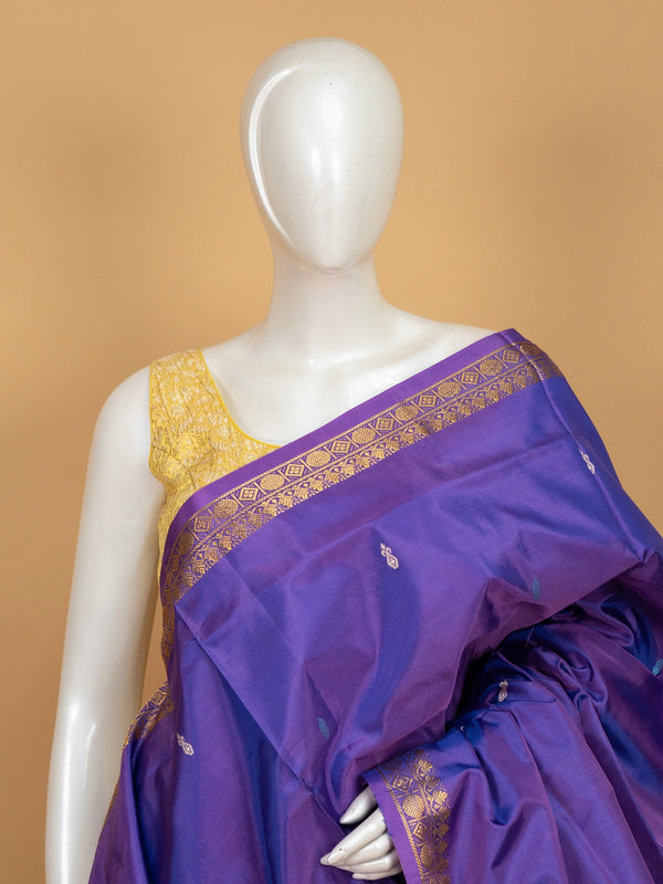 Purple banana silk saree with gold zari border and contrast mustard pallu