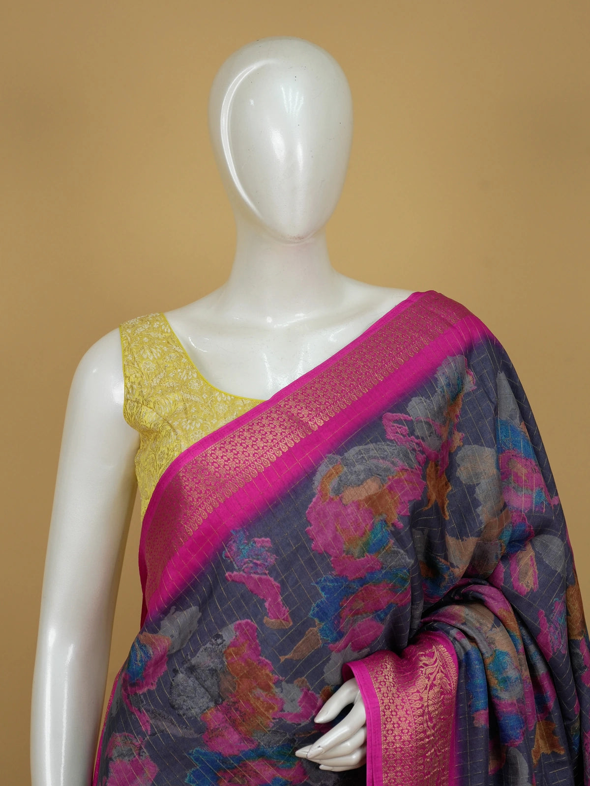 Grey-blue floral Dola silk saree with magenta pink gold zari border and contrast yellow blouse