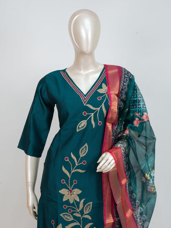 Teal Blue with Pink Dupatta Ready Made Straight Cut Kurti Set