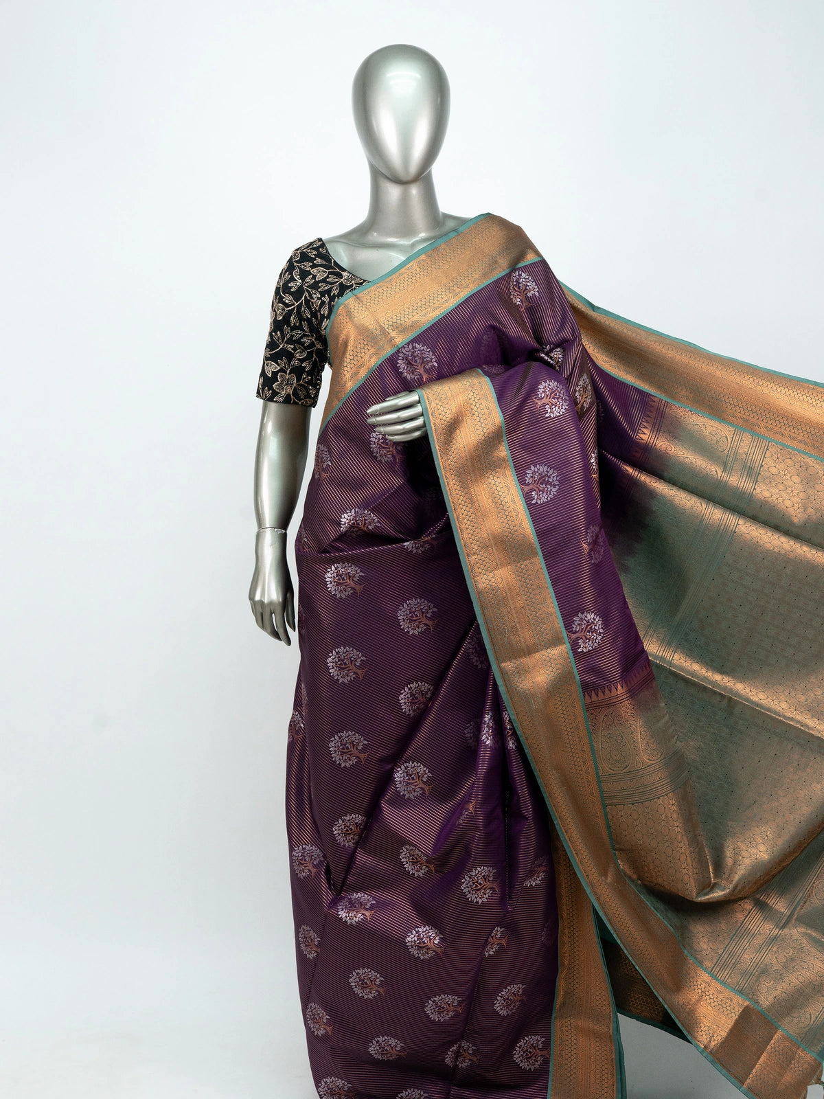 Purple and teal Vaira Oosi Design semi silk saree with fine needle-line weave, gold zari tree motifs and contrast brocade pallu