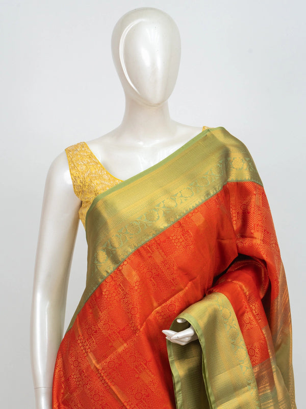 Orange Kanchipuram Fancy Silk saree with contrast green and gold zari border and pallu