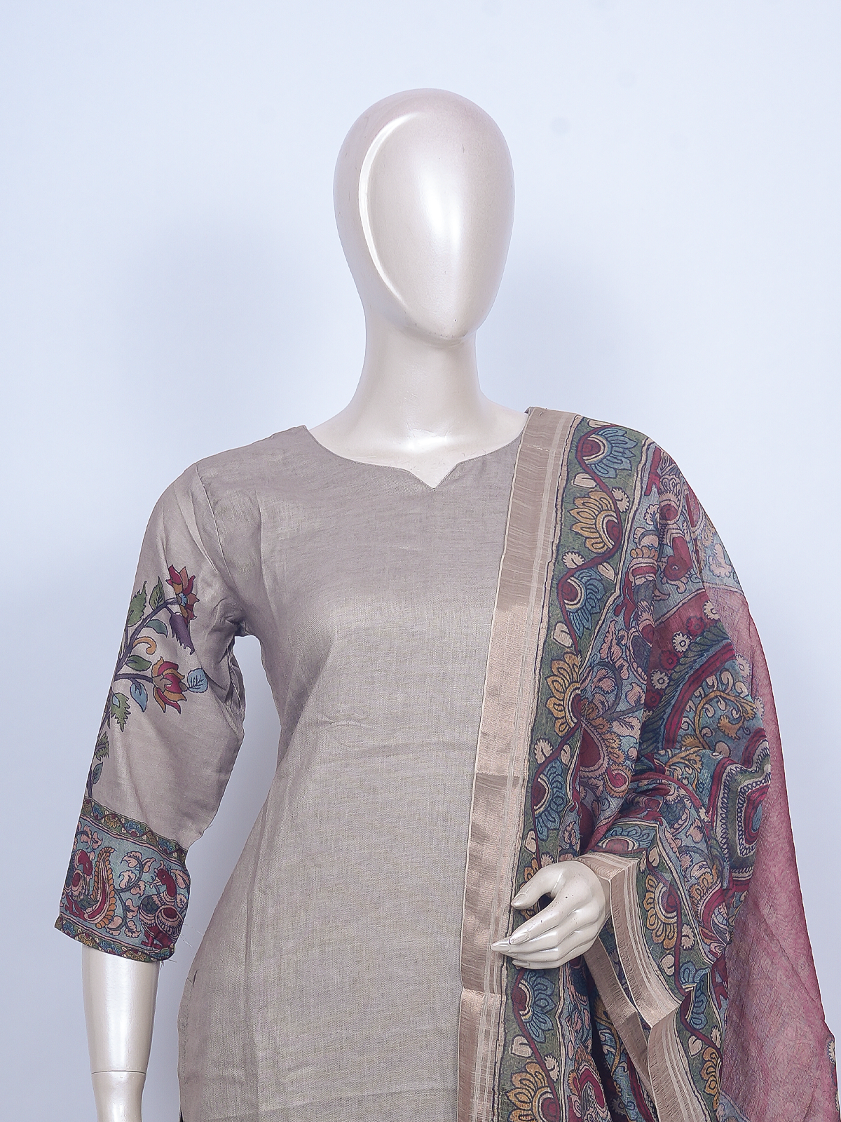 Grey Kalamkari ready made kurti set with multicolour peacock motif dupatta and straight-fit pants