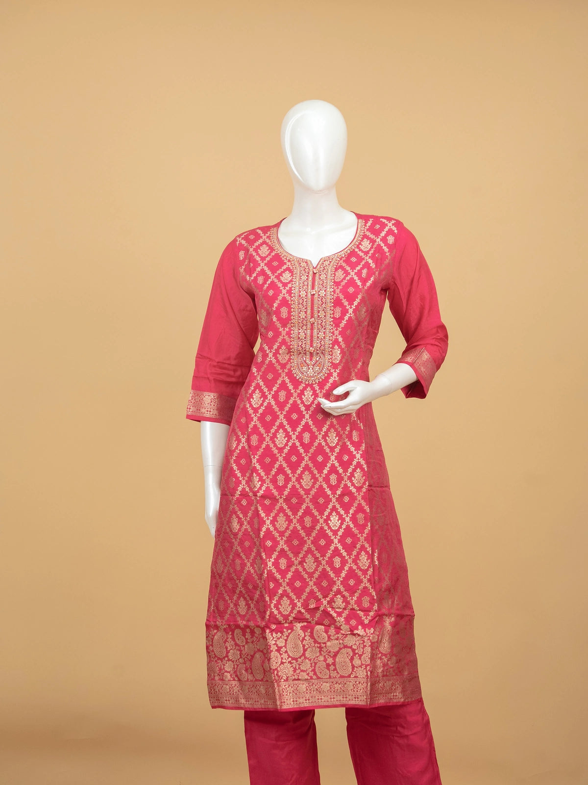Rani Pink Banarasi silk zari woven straight cut kurti set with floral print dupatta