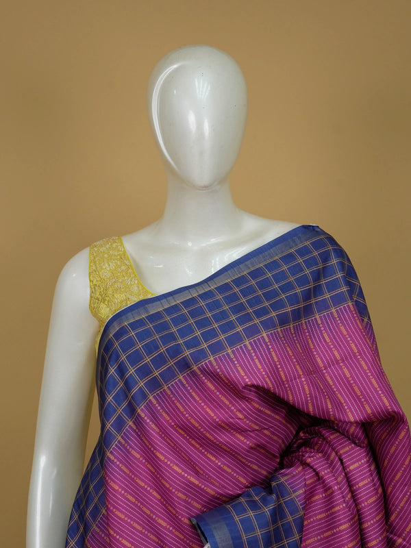 Magenta Dola silk saree with blue contrast zari border and woven geometric pallu