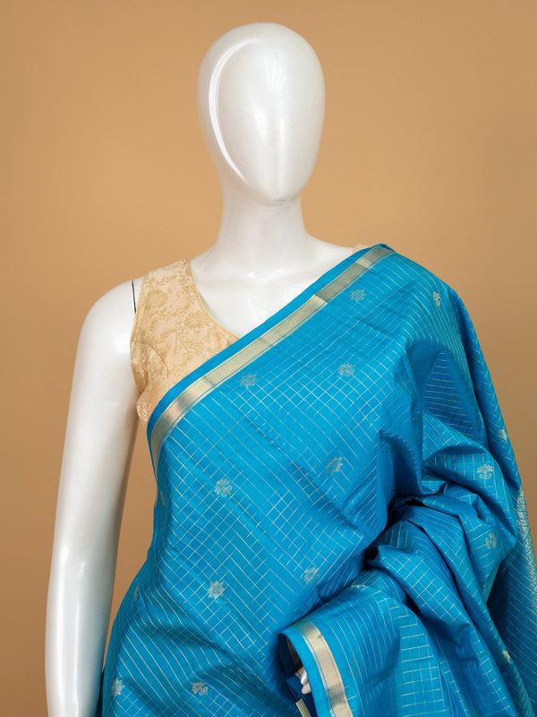 Peacock blue Pure Kanchipuram silk saree with gold zari checks, floral buttas and contrast gold border