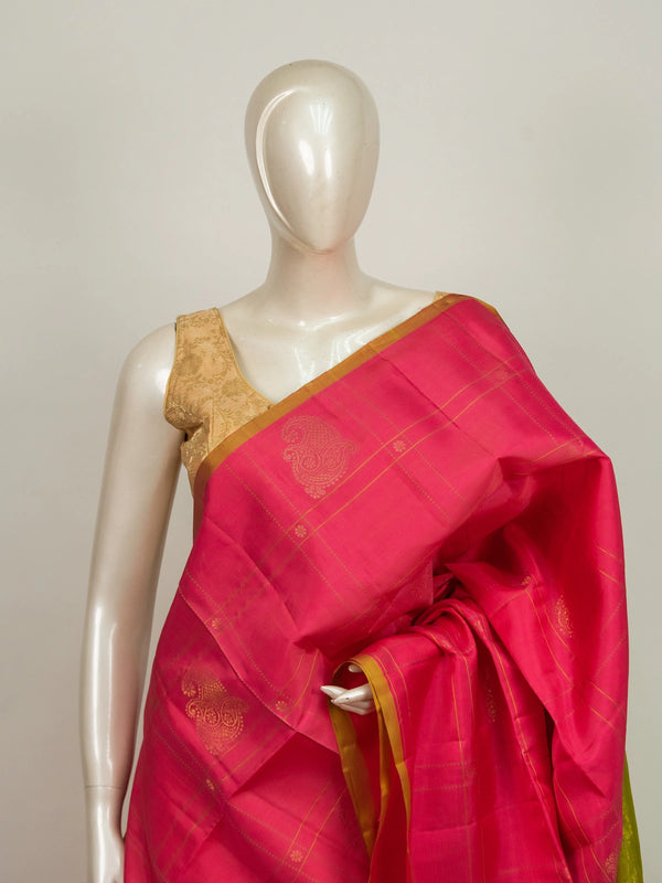 Rani pink Kanchipuram pure mix saree with gold zari checks and contrast lime green border and pallu