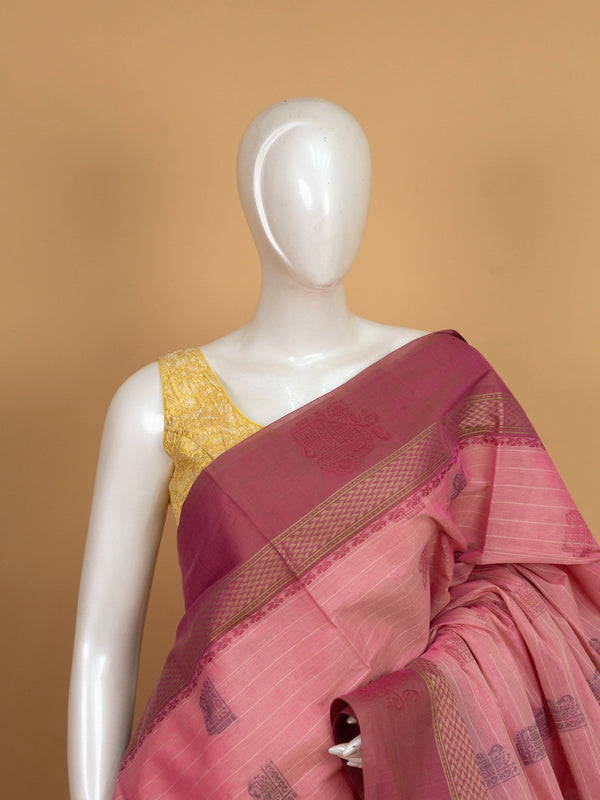Pink semi raw silk saree with contrast rose border, gold zari and woven pallu motifs
