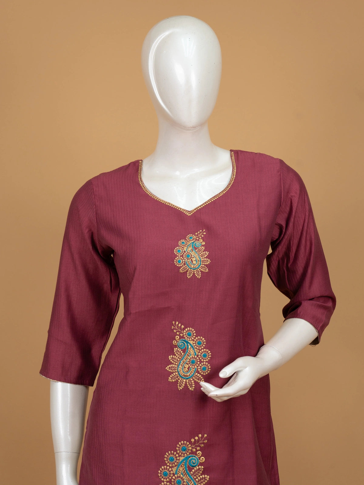 Wine art silk straight-cut kurti top with gold and teal paisley embroidery